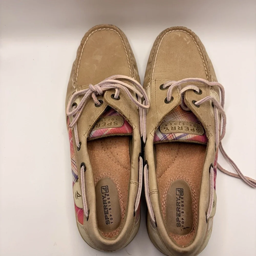 Sperry Top-Sider Women's 9M Tan Leather Pink Plaid Boat Shoes Loafers